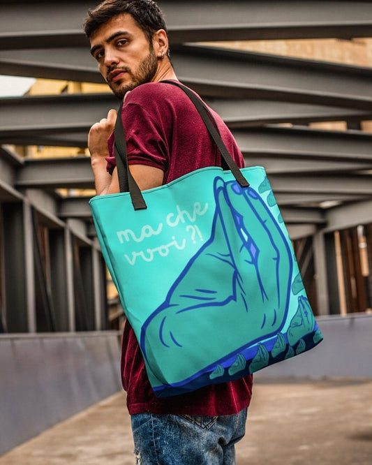 The main colours of the "che vuoi" bag design are light and medium blue. On one side you can see the typical italian gesture - on the back you find a collage a further gestures. enjoy trying