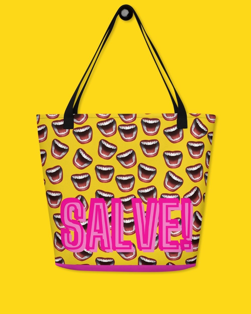 Our bag design "Salve & Ciao" has yellow as its main colour. Dozens of smiling mouths are printed on both sides. On one side it says Salve, on the other side it says Ciao. 