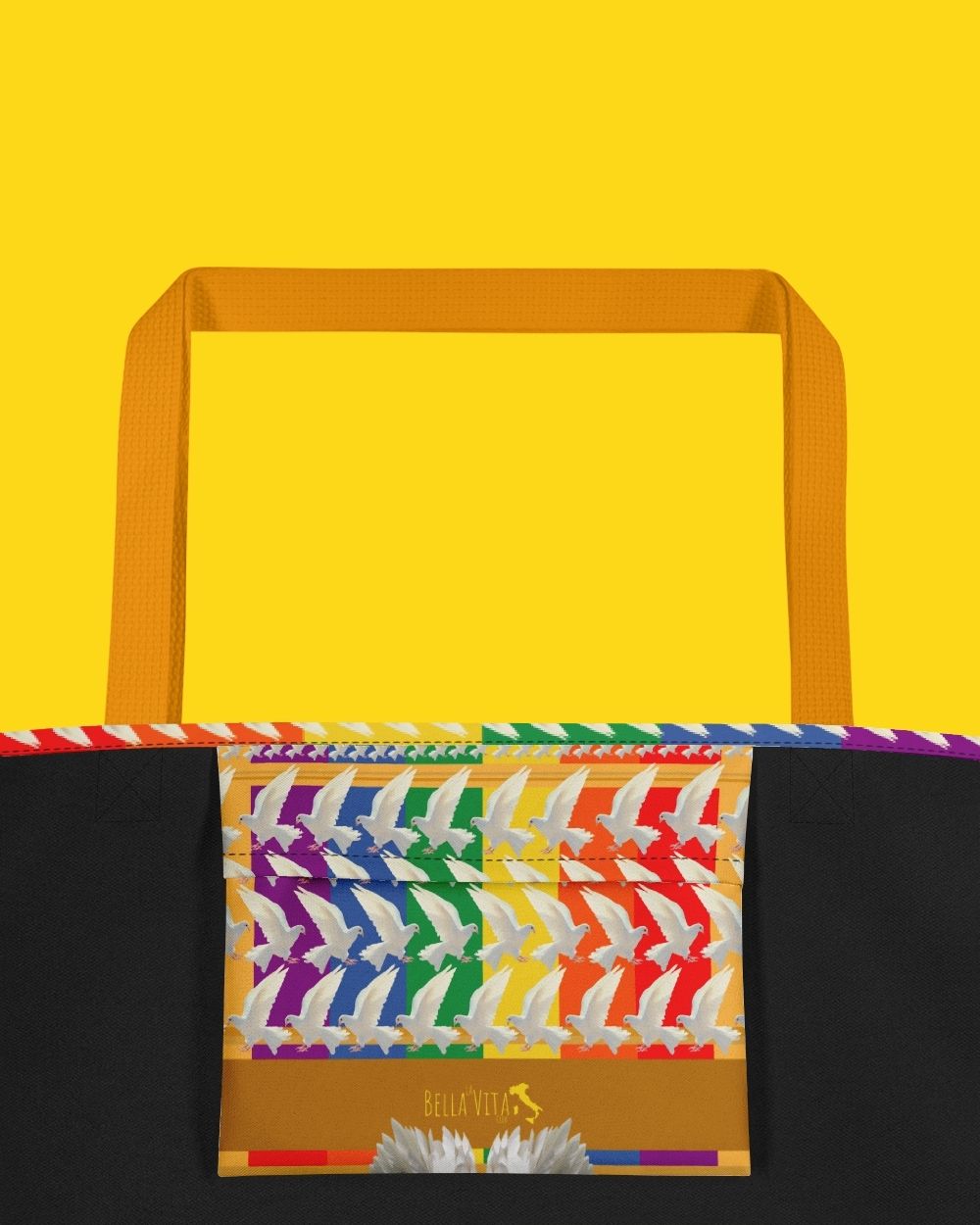 the motif of this bag is called pace, meaning peace. on one side you see an army of peace doves, on the other side white wings. the background on both sides is the rainbow flag. 