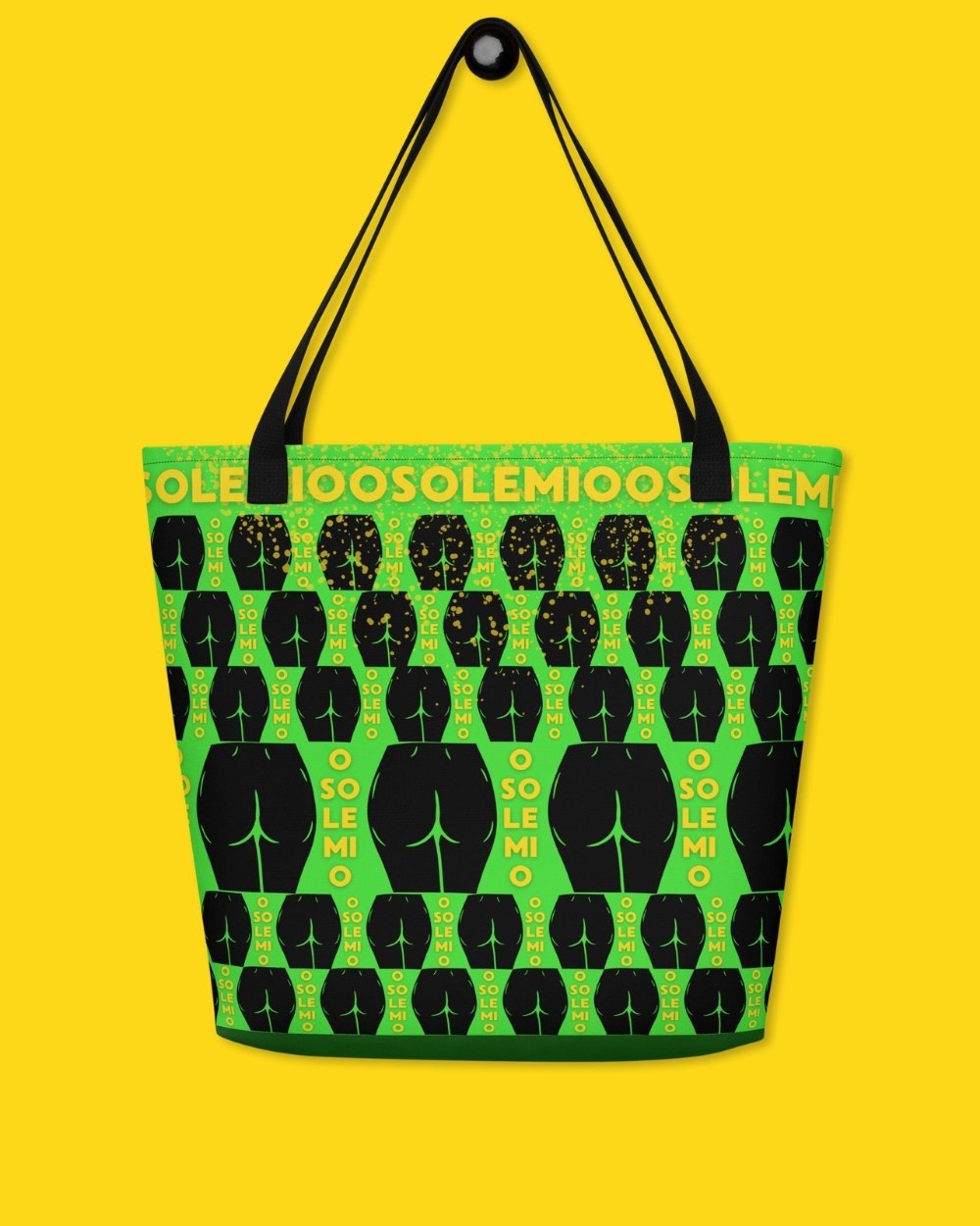 The "o sole mio" bag has neon green as its theme colour. Printed on one side are dozens of silhouettes of women's bottoms, plus the words "o sole mio". On the back is only one silhouette in black. 